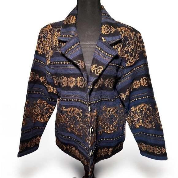 Alex Kim Blue and Gold Blazer with Ornate Pattern - Picture 1 of 8
